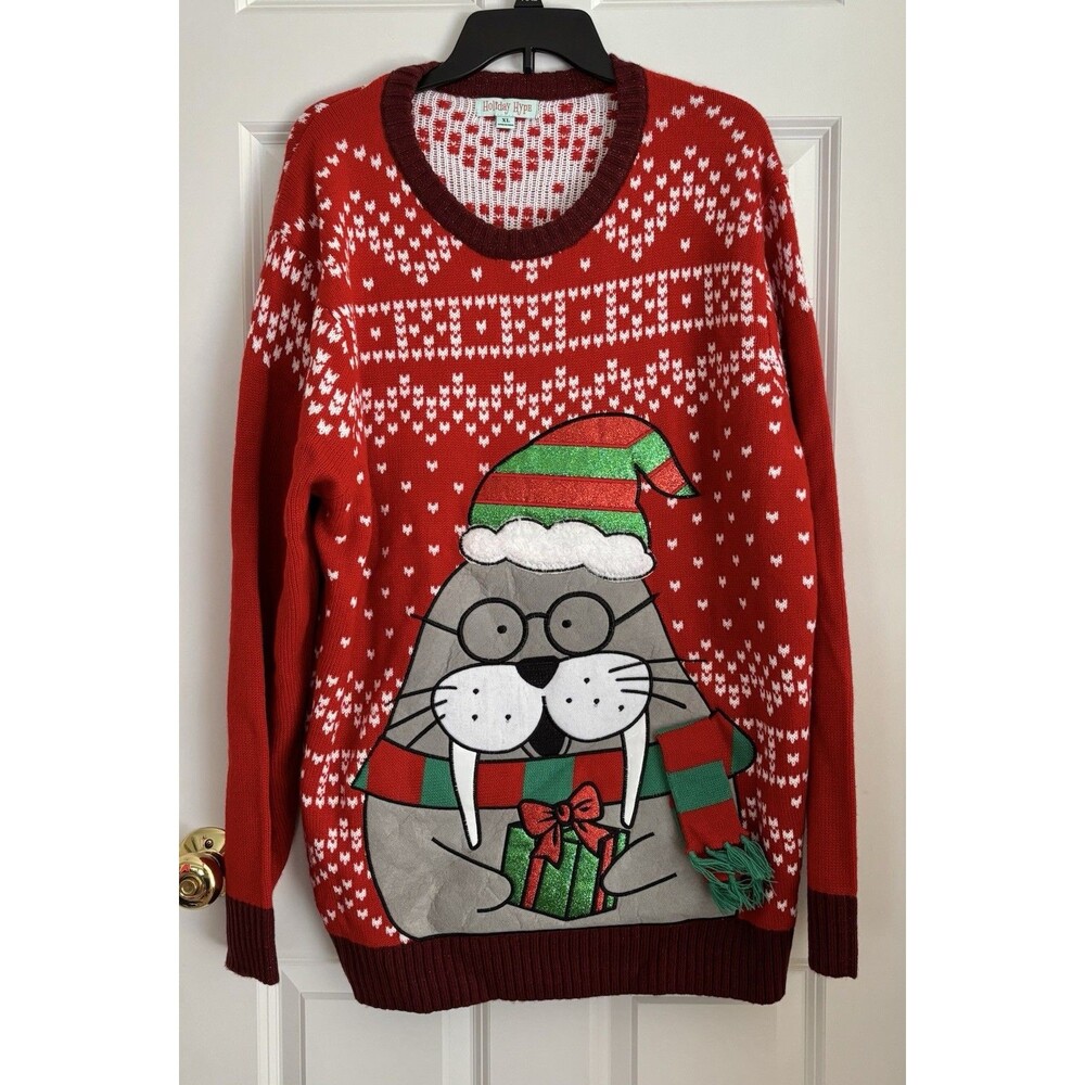UGLY CHRISTMAS SWEATER MENS SIZE XL WALRUS 3D RED/WHITE/ MULTICOLOR CREW NECK